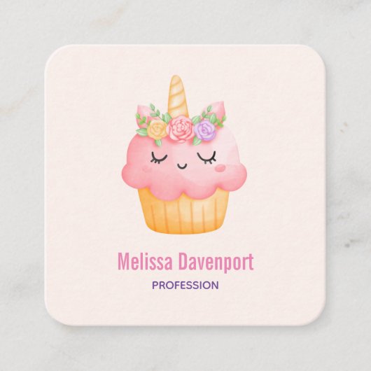 Cute Pink Cupcake Unicorn met Roos Vierkante Visitekaartje (Voorkant)