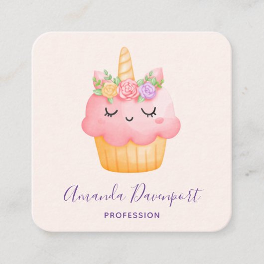 Cute Pink Cupcake Unicorn met Roos Vierkante Visitekaartje (Voorkant)