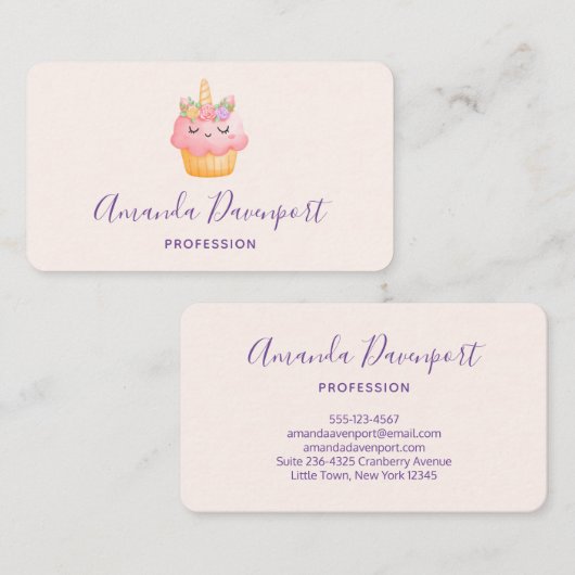 Cute Pink Cupcake Unicorn met Roos Visitekaartje (Voorkant / Achterkant)