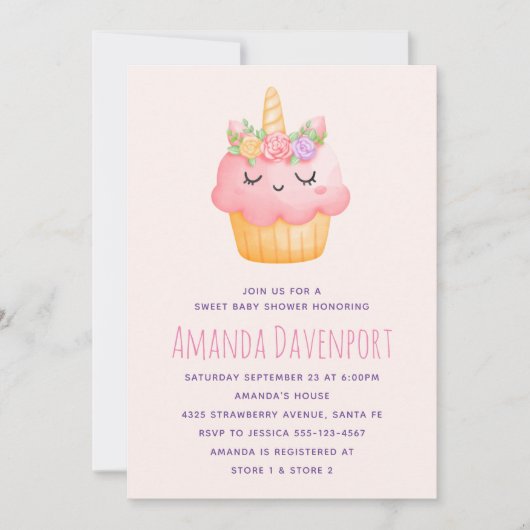 Cute Pink Cupcake Unicorn met Rozen Baby shower Kaart (Voorkant)