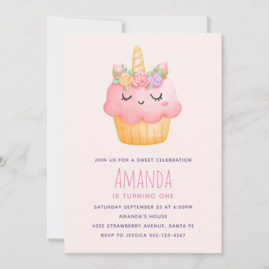 Cute Pink Cupcake Unicorn met Rozen Birthday Kaart (Voorkant)