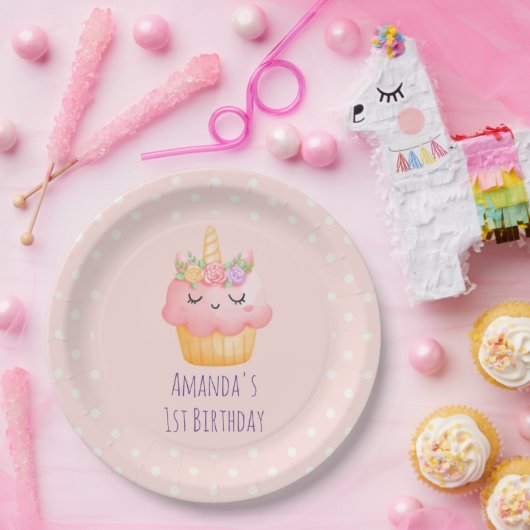 Cute Pink Cupcake Unicorn met Rozen Birthday Papieren Bordje (Feest)