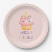 Cute Pink Cupcake Unicorn met Rozen Birthday Papieren Bordje (Voorkant)