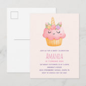 Cute Pink Cupcake Unicorn met Rozen Birthday Uitnodiging Briefkaart (Voorkant / Achterkant)