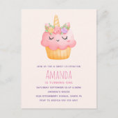 Cute Pink Cupcake Unicorn met Rozen Birthday Uitnodiging Briefkaart (Voorkant)