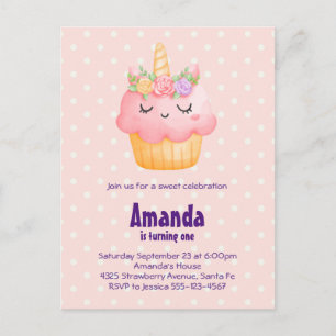 Cute Pink Cupcake Unicorn met Rozen Birthday Uitnodiging Briefkaart