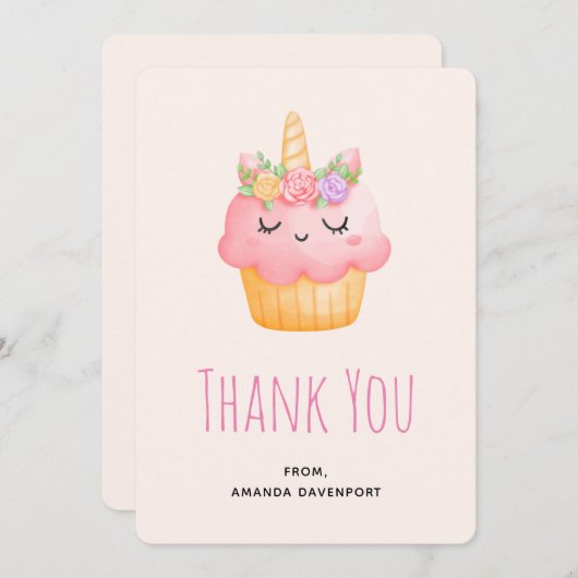 Cute Pink Cupcake Unicorn met Rozen Dank u Bedankkaart (Voorkant / Achterkant)