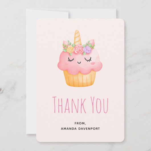 Cute Pink Cupcake Unicorn met Rozen Dank u Bedankkaart (Voorkant)