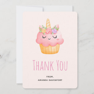 Cute Pink Cupcake Unicorn met Rozen Dank u Bedankkaart