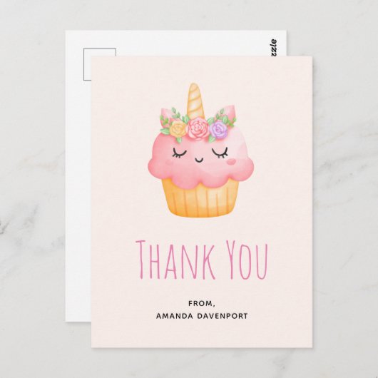 Cute Pink Cupcake Unicorn met Rozen Dank u Briefkaart (Voorkant / Achterkant)