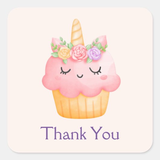 Cute Pink Cupcake Unicorn met Rozen Dank u Vierkante Sticker (Voorkant)