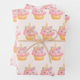 Cute Pink Cupcake Unicorn met Rozen Patroon Inpakpapier Vel