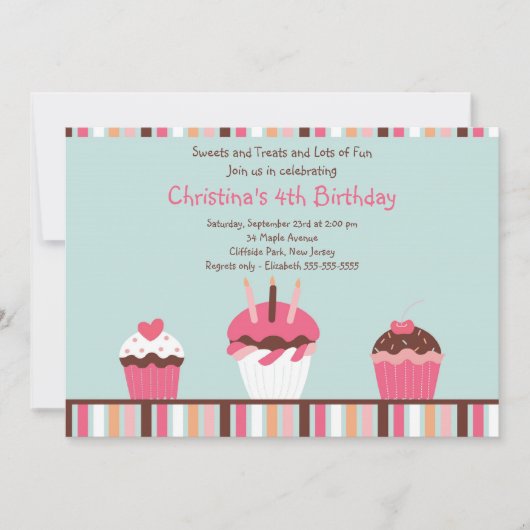Cute Pink Cupcakes Birthday Party Invitation Kaart (Voorkant)