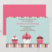 Cute Pink Cupcakes Birthday Party Invitation Kaart (Voorkant / Achterkant)