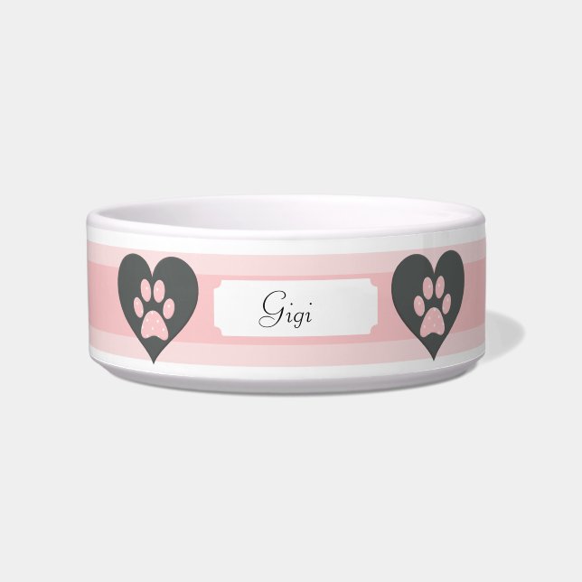 Cute Pink Custom Dog Bowl w/Polka Dotted Paws Voerbakje (Voorkant)