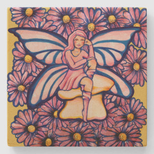 Cute Pink Daisy Fairy Mushroom Art Fairies Stenen Onderzetter