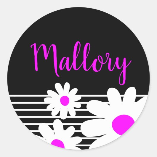 Cute Pink Daisy Flowers Black and White Name Ronde Sticker (Voorkant)