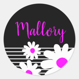 Cute Pink Daisy Flowers Black and White Name Ronde Sticker