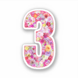 Cute Pink Decorative Botanical Floral Number 3 Sticker