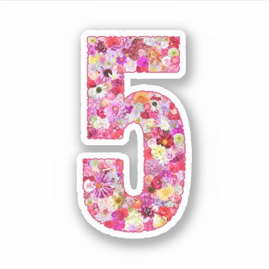 Cute Pink Decorative Botanical Floral Number 5 Sticker (Voorkant)