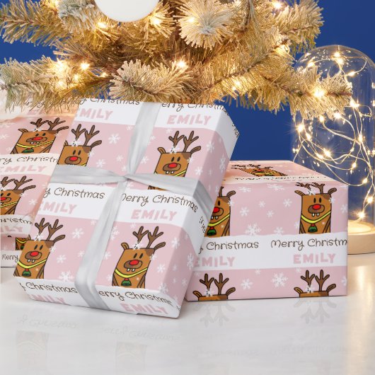 Cute Pink Deer Drager Snowflakes Girl Kerstmis Cadeaupapier (Feestdagen)