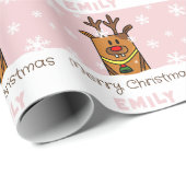 Cute Pink Deer Drager Snowflakes Girl Kerstmis Cadeaupapier (Rol Hoek)