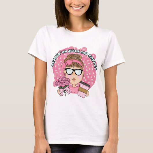 Cute Pink die op Jezus en koffie loopt T-shirt (Voorkant)