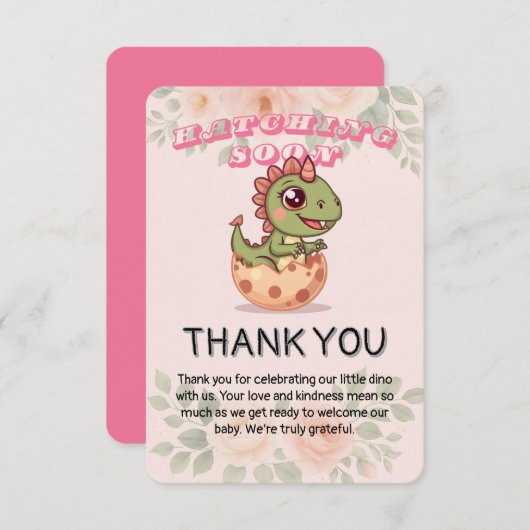 Cute Pink Dino Hatching Soon Bedankkaart (Voorkant / Achterkant)