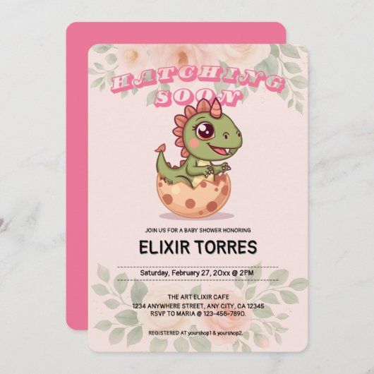 Cute Pink Dino Hatching Soon Kaart (Voorkant / Achterkant)