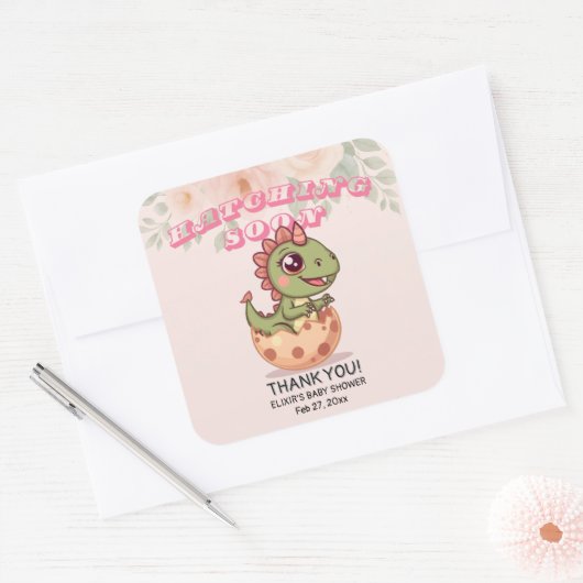 Cute Pink Dino Hatching Soon Vierkante Sticker (Envelop)