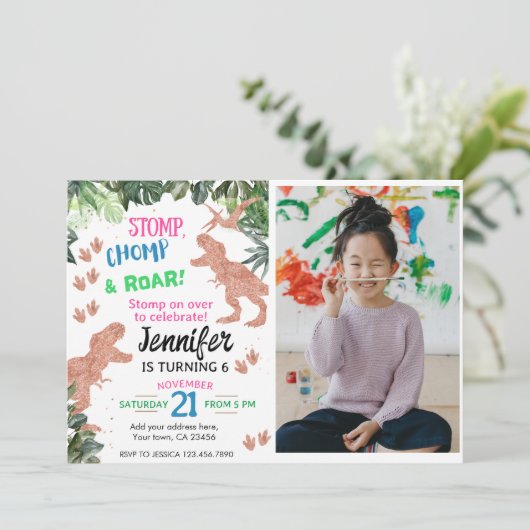 Cute Pink Dinosaur Custom Photo Birthday Kaart (Staand voorkant)