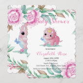 Cute Pink Dinosaur en Peony Baby shower Invites Kaart (Voorkant / Achterkant)