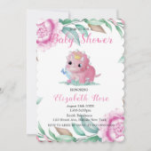 Cute Pink Dinosaur en Peony Baby shower Invites Kaart (Voorkant)