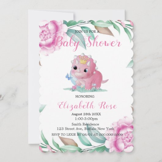 Cute Pink Dinosaur en Peony Baby shower Invites Kaart (Voorkant)