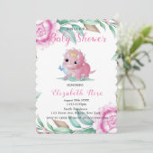 Cute Pink Dinosaur en Peony Baby shower Invites Kaart (Staand voorkant)