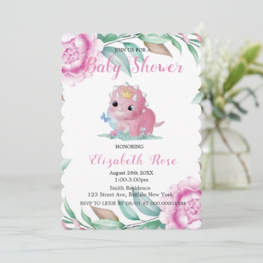 Cute Pink Dinosaur en Peony Baby shower Invites Kaart (Staand voorkant)