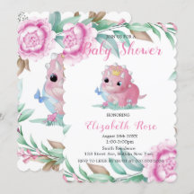 Cute Pink Dinosaur en Peony Baby shower Invites