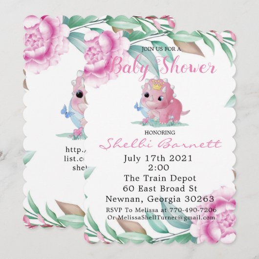 Cute Pink Dinosaur en Peony Baby shower Invites Kaart (Voorkant / Achterkant)