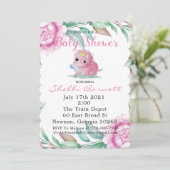 Cute Pink Dinosaur en Peony Baby shower Invites Kaart (Staand voorkant)