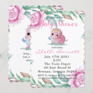 Cute Pink Dinosaur en Peony Baby shower Invites Kaart