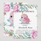 Cute Pink Dinosaur en Peony Baby shower Invites Kaart (Voorkant / Achterkant)