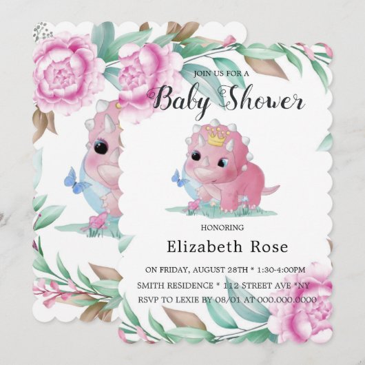 Cute Pink Dinosaur en Peony Baby shower Invites Kaart (Voorkant / Achterkant)