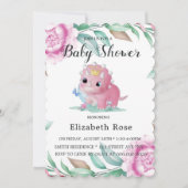 Cute Pink Dinosaur en Peony Baby shower Invites Kaart (Voorkant)