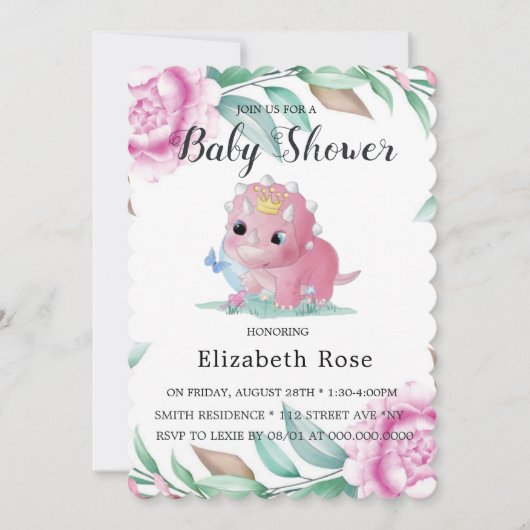 Cute Pink Dinosaur en Peony Baby shower Invites Kaart (Voorkant)