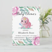 Cute Pink Dinosaur en Peony Baby shower Invites Kaart (Staand voorkant)