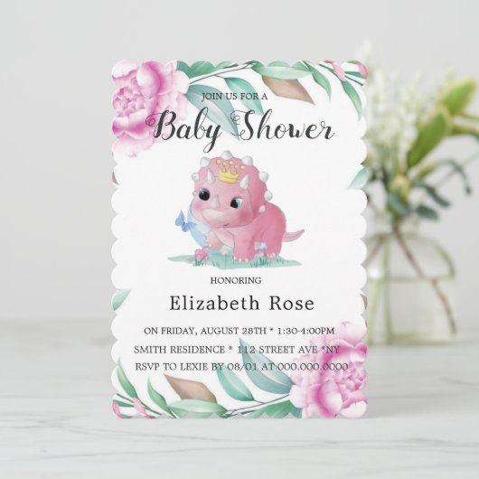 Cute Pink Dinosaur en Peony Baby shower Invites Kaart (Staand voorkant)