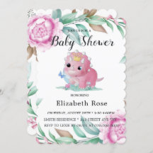 Cute Pink Dinosaur en Peony Baby shower Invites