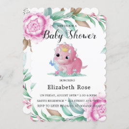 Cute Pink Dinosaur en Peony Baby shower Invites Kaart
