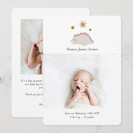 Cute Pink Dinosaur Girl Baby Foto geboorte Aankondiging (Voorkant / Achterkant)