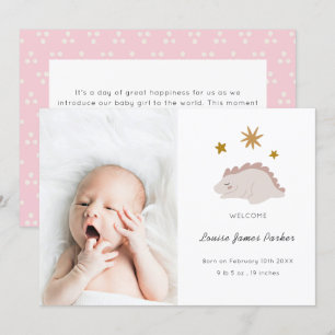Cute Pink Dinosaur Girl Baby Foto geboorte Aankondiging